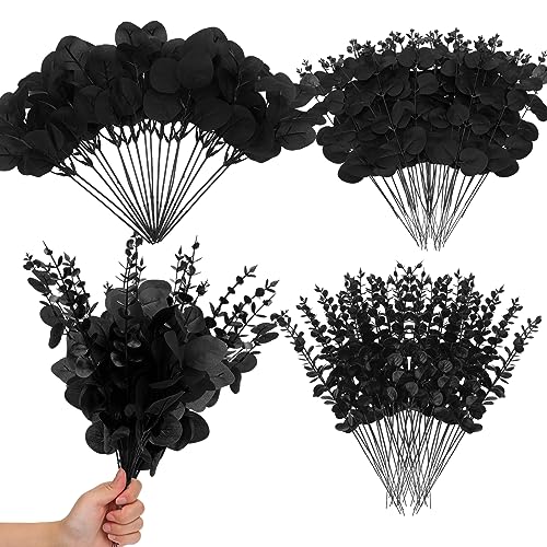 Giegxin 90 Pcs 3 Kinds Mixed Artificial Eucalyptus Leaves Stems Bulk Silver Dollar Leaves Picks Dried Eucalyptus Bundle Faux Spray for Wedding Vase Bouquet Floral Arrangement (Black) - color: Black