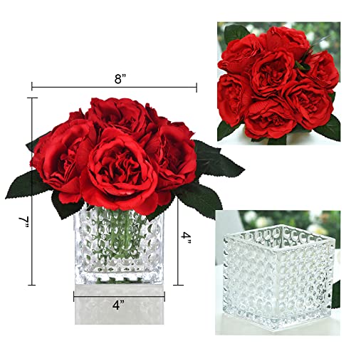 Artificial Peony Silk Flower Centerpieces Faux Floral Arrangement in Glass Vase for Home Wedding Table Decoration (Red) - color: A-red