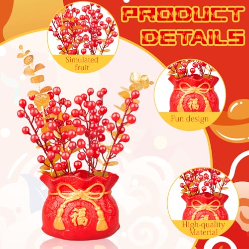 Chinese New Year Bonsai Tree Artificial Spring Festival Flower Pot Table Ornament Red Blessing Bucket Gold Berry Flower Arrangement Artificial Branches Fortune Lucky Tree for Indoor Home Decor - color: Red New Year-1