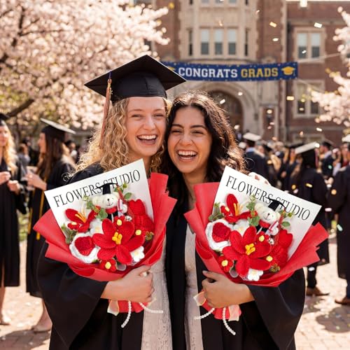 Giegxin Large Graduation Bear Flower Bouquet Set 2026 Crochet Graduation Bouquet Gift Hand Knitted Tulip Daisy Sunflower Rose Bouquets Greeting Card Gift Bag for Wedding Birthday Party Favors(Red) - color: Red