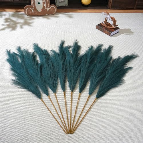 Premium Faux Dark Green Pampas Grass – 43.3" Tall Fluffy Decor, 8pcs 18-Branch One-Piece Stems No Assembly, Luxury Silk-Feel Feather Flowers for Boho Botanical Jungle Home Decor (Forest Green, 110cm) - color: Artificial - Dark Green, size: 8pcs 43.3"(110c