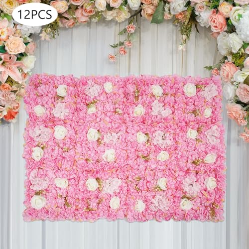 12Pcs Artificial Flower Wall Panel 3D Floral Backdrop Walls15 X 15" Flower Wall Decor Panel Flower Backdrop for Party Home Background Decor, Pink - color: Pink