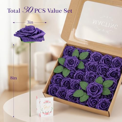 MACTING 30PCS Artificial Rose Flowers Real Touch Foam Roses with Stem Fake Glitter Flowers for DIY Wedding Bouquet Table Centerpieces Party Holiday Wreath Home Spring Mothers Day Decorations,Purple - color: Glitter Purple, size: 30PCS