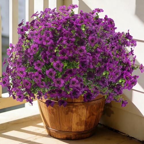 Grunyia 20 Bundles Artificial Flowers for Outdoors, UV Resistant Fake Plants Flowers Greenery Shrubs Plants for Decoration Outside Plants Hanging Planter Home Garden Decor (Purple) - color: Purple