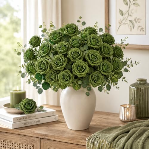 MACTING 30PCS Artificial Rose Flowers Real Touch Fake Flowers with Stem Green Foam Roses for DIY Wedding Bouquet Party Baby Shower Table Centerpieces Home Spring Decorations - color: Army Green-1, size: 30PCS