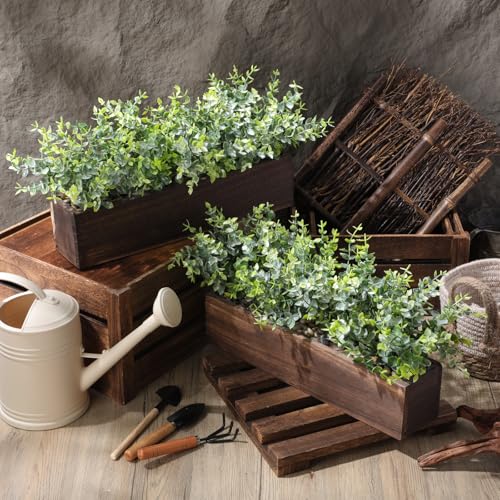 Lyrow 2 Pack Artificial Eucalyptus Plant in Rustic Rectangular Wooden Planter Box Greenery Faux Potted Herb Plant for Indoor Wedding Table Centerpiece(Green,16.1 x 3.7 x 8.7 Inches,Retro Style) - color: Brown, size: 16.1 Inch, style: White Frosted Pointed