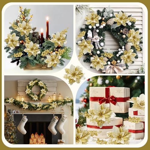 trytuny 50pcs Glitter Poinsettia Christmas Ornaments, Artificial Flowers with Clips Stems for DIY Wreath Making, Holiday Home Party Decorations, Indoor Use (Gold) - color: Gold