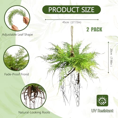 Hrobek 2 Pack Ferns Artificial Hanging Plants for Outdoor Fake Faux Fern Plants with Roots, UV Resistant Greenery Plants for Indoor Home Patio Porch Decor - color: Asparagus Fern