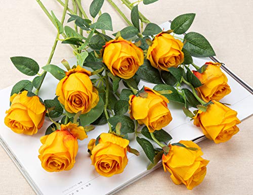 10pcs Artificial Rose Flowers Long Stem Fake Silk Roses for DIY Wedding Bouquet Table Centerpiece Home Decor (Orange) - color: Orange