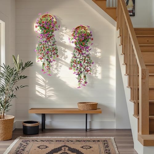 QCQHDU Artificial Hanging Flowers for Outdoors,2Pcs Fake Hanging Plants 29.5 Inch Long for Spring Summer Decoration,UV Resistant Faux Flowers for Patio Porch Garden Yard Balcony Decor, Purple Red - color: Purple Red