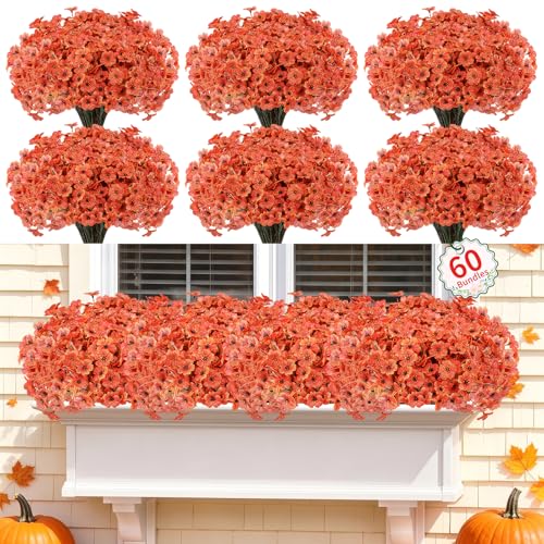 Powbrace 60 Pack Artificial Flowers for Outdoor Indoor Fake Plants, Faux Silk Flowers for Outdoors Outside Front Porch Hanging Planter Window Box Garden Spring Decoration(Orange) - color: Orange, size: 60 Bundles