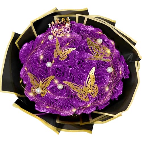 Purple Glitter Roses Bouquet, 24 Pcs Shiny Glitter Flowers Bouquet, Everlasting DIY Artificial Roses Bouquet for Christmas, Birthday, Anniversary, Wedding, Engagement - color: Purple-a, size: 24 PCS