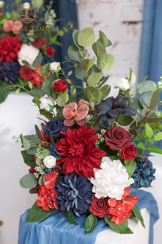 TINGE TIME Free-Standing Artificial Flower, Set of 2, Table Centerpiece with Rubber Pad, Silk Fake Flower for Wedding Centerpiece Archway Aisle Welcome Entrance (Red&NavyBlue) - color: Red&navyblue