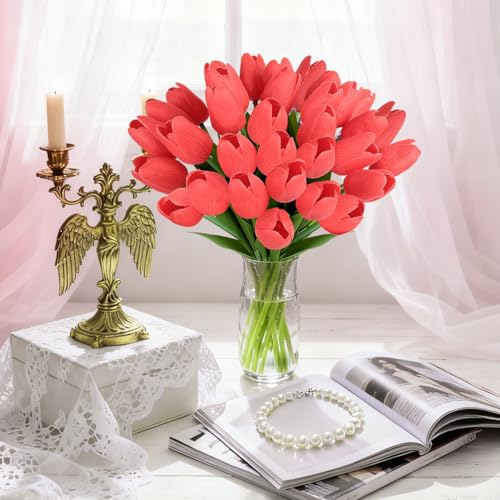 Artificial Tulips Flowers Fake Latex Tulip Stems - 34pcs Real Touch Faux Multicolor Tulips Flower for Easter Spring Wedding Bouquet Centerpiece Floral Arrangement Cemetery Table Decor - color: Red