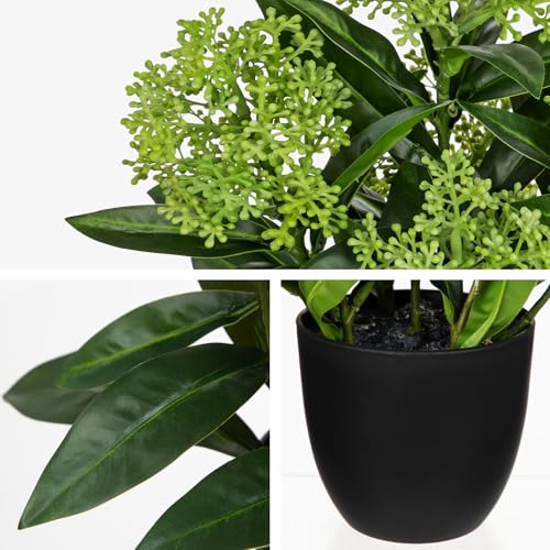 Briful Artificial Potted Flowers, 14.2in Realistic Faux Skimmia Japonica Flowers with Berries Silk Floral Centerpiece for Home Office Bathroom Kitchen Shelf Table Decor, Green - color: Green
