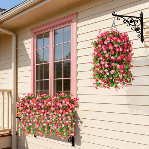 Artificial Fake Hanging Flowers for Outdoors, 2 Pcs Artificial Hanging Plants Outdoors Spring Summer Decor, UV Resistant Faux Violet Silk Flowers for Planters Front Door Yard Garden(Deep pink) - color: Deep Pink