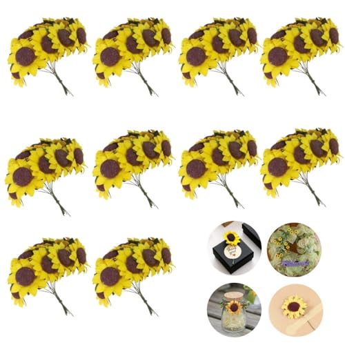 100 pcs Mini Yellow Sunflowers, 1.2" Tiny Fake Flowers with10 Yard Hemp Rope, Miniature Flowers for Crafts, Miniature Flowers for Dollhouse, for Gift Decoration,Dining Table Decoration - color: Yellow Sunflower