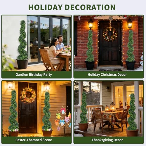 Artificial Spiral Topiary Trees Set of 2, 4ft Faux Boxwood Topiary, UV Resistant & Fade Resistant, Year-Round Greenery for Indoor Outdoor Home, Porch, Patio, Garden Decor
