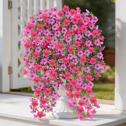 Artificial Hanging Flowers for Outdoors, 6PCS Faux Silk Artificial Flowers for Outdoors, UV Resistant Fake Flowers, No Fade Trailing Greenery, Decor for Home Porch Patio Balcony Garden Yard - color: Purple + Rose Red