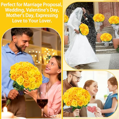 36 Pcs Velvet Texture Yellow, Lemon Yellow Artificial Flowers Bridal Bouquet, Fake Rose Long Stem Realistic Flowers Bulk for Valentine's Day Wedding Bouquet Ball Arrangement Centerpiece Party - color: Yellow, Lemon Yellow