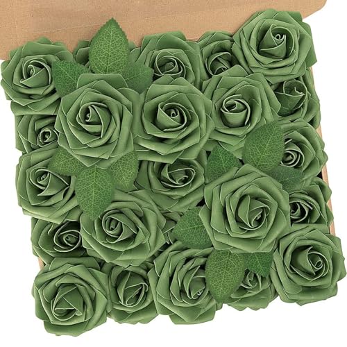 N&T NIETING Artificial Flowers,25pcs Real Touch Fake Flowers Rose with Stems Foam Flowers for DIY Cake Decoration Wedding Party Home Tables Decoration, Army Green - color: Army Green, size: 25pcs