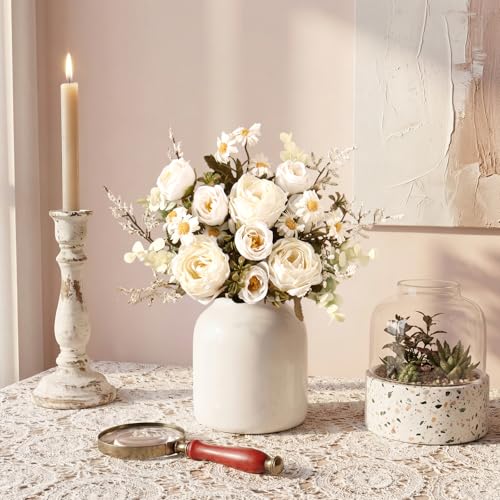 Artificial Roses Flowers 3 Pack Vintage Roses White Flowers Small Silk Rose Bouquet with Daisy Flowers Faux Floral Arrangements for Vase Centerpiece Table Wedding Party Bridal Decor - color: Cream White, size: 3PCS