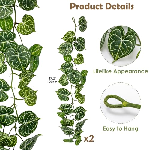 2Pcs Artificial Anthurium Leaves Vines 4ft Fake Hanging Plant Ivy Vines Greenery Garland Faux Tropical Vine Decor for Wall Jungle Luau Beach Birthday Party Indoor Outdoor Home Décor - color: Anthurium Crystallinum