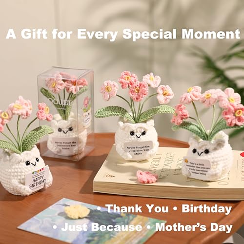 YOOJEE Crochet Forget Me Not Gift for Mom – Mothers Day Gifts from Daughter Son, Handmade Pink Flower Pot with Card “to My Mom”, Cute Desk Decor, Ready-to-Gift with Clear Box - color: E-mom-pink