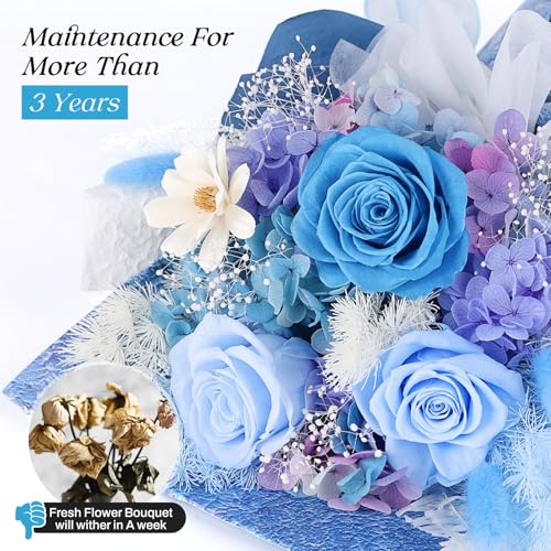 Preserved Flowers Bouquet 3 Roses - Blue Real Rose & Flowers for Delivery, Long-Lasting Flower with Gift Box, Eternal Roses Bouquet for Mothers, Mom, Wife Anniversary Birthday Gifts for Women and Men - color: Blue