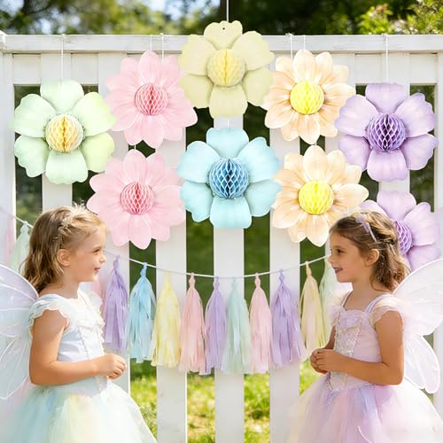 Paper Jazz 9PCS Paper Flowers Party Decorations,Pastel Honeycomb Butterfly Party Decoration,Fairy Birthday Party Decoration for Garden Tea Party Floral Baby Shower. - color: Pastel