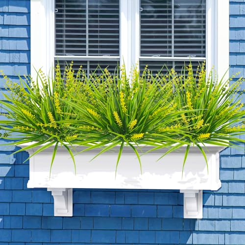 10 Pcs Artificial Plants Outdoor, UV Resistant Fake Outdoor Flowers Plants Faux Plastic Monkey Grass for Outside Front Porch Garden Window Box Home Office Planters Desk Decor (Yellow) - color: Yellow, size: 10pcs