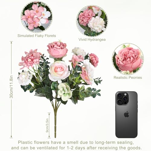 4 Packs Peonies Artificial Flowers Silk Pink Artificial Peonies Bouquet Fake Flower Arrangements Mixed Roses Hydrangea with Stems for Centerpiece Table Wedding Bridal Bouquets Home Decor - color: Pink