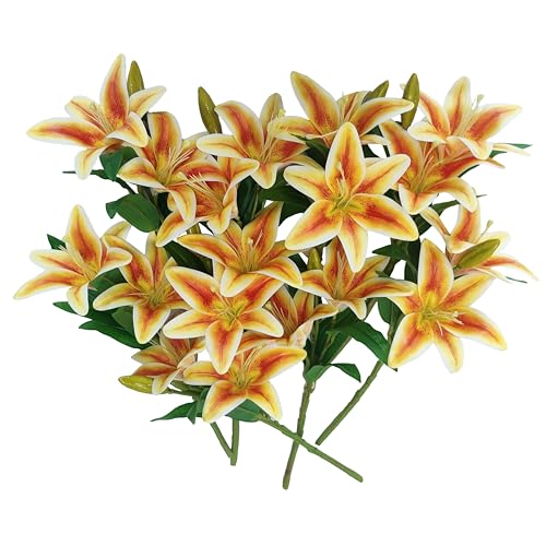ATFL Artificial Lilies Flowers,9 Pcs Faux Lily Flowers,16''Tiger Lily Branches with 2 Full Blooms and 1 Bud,Faux Fake Lilies Plants for Wedding Bouquet Floral Arrangements (9, Orange) - color: Orange
