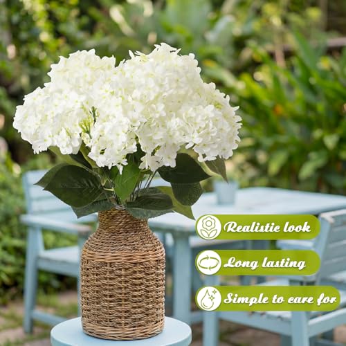 Hotop Hydrangea Artificial Flower Bush for Outdoor 19.6inch Large Silk Hydrangea 5 Heads Realistic UV Resistant Fake Flower for Porch Bouquet Window Box Wedding Indoor(2 Pcs,White) - color: White