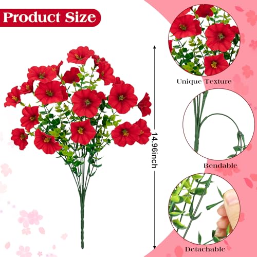Roberly 12 Bundles Artificial Flowers for Outdoors, Fake Flowers Silk Morning Glory with Eucalyptus UV Resistant Faux Plants for Spring Summer Garden Outside Porch Patio Yard Home Decor, Red - color: Red