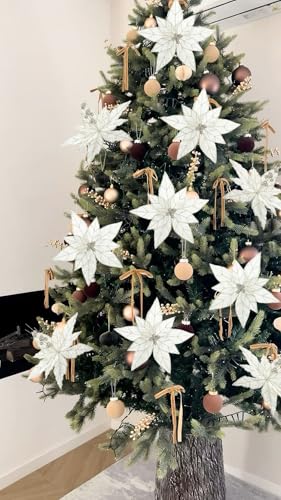 Briful 6 Pack White Glitter Christmas Poinsettia Picks, 13.8'' Artificial Floral Stems with Gold Edges & Sparkle Beads, 9.8'' Blossom Holiday Flower Picks for Tree, Wreath, Table Centerpiece Decor - color: White#351, size: 12'' POINSETTIA / 6PCS