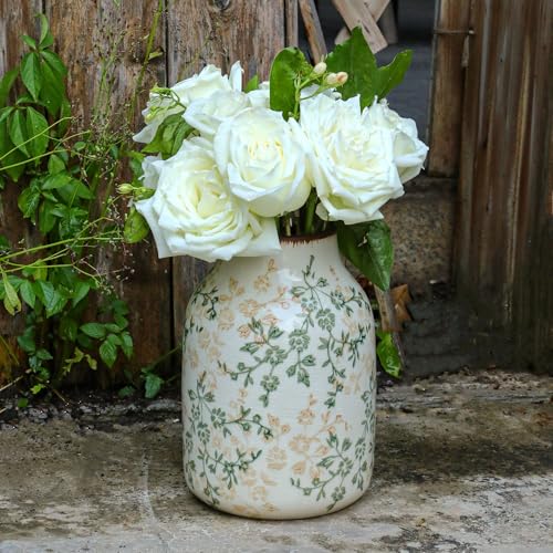 Beige and Green Vintage Rustic Ceramic Vase,Handcrafted Farmhouse Decorative Vase, Easy to Clean Perfect for Flowers Wedding Centerpiece or Shelf Decor 8Inch - size: 8.1In