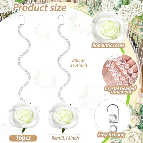 Norme 16pcs 31.4 Inch Wedding Rose Hanging Garland Crystal Beaded String Garland Artificial Rose Flower Decor for Wedding Engagement Bridal Shower Party Valentine's Day Party Decorations - color: White