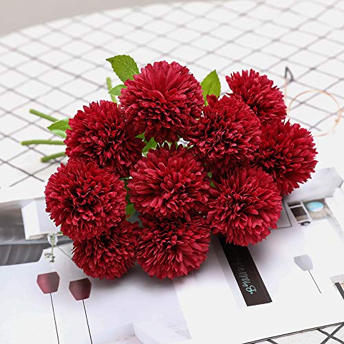 Floweroyal 12pcs Artificial Chrysanthemum Ball Flowers Silk Hydrangea Bridal Wedding Bouquet for Home Garden Party Office Coffee House Decoration - color: Red-12pcs-new