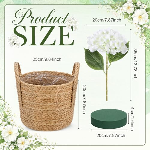 6 Pcs 14 Inch White Artificial Hydrangea Flowers with Woven Handle Basket and Floral Foam, Full Silk Fake Hydrangeas Kit for Handheld Bouquet Wedding Table Centerpieces Home Decor