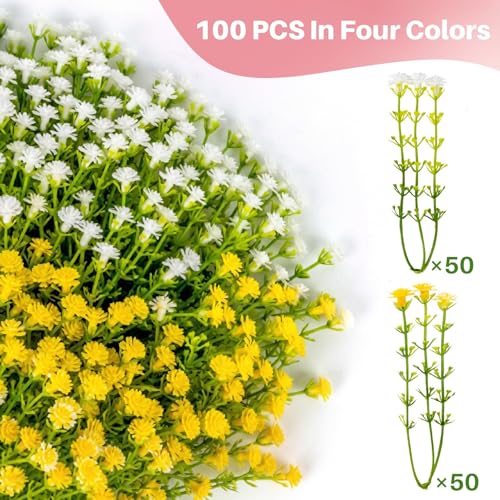 RAINFLOW Babys Breath Artificial Flowers Bulk - 100PCS Mini Flowers for Decoration Scrapbook Supplies Flower Garland Wedding Decorations for Reception Bouquet Accessories Home Decor(Yellow White) - color: Yellow White, size: 100 PCS