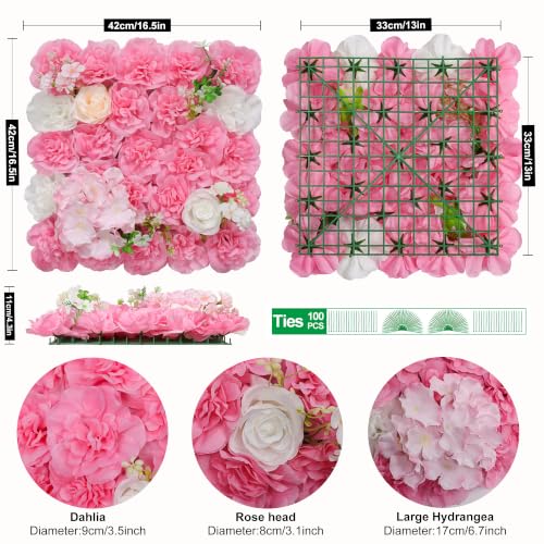 Flower Wall Backdrop 6 Piece of 16.5x16.5 Inch Artificial Floral Wall Panel Faux Silk Rose Decor Ideal for Wedding Celebrations, Festive Party Backdrops, and Home Decor-Rose Pink - color: Rose Pink, size: 16.5inch