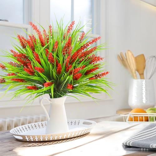 Sggvecsy 12 Bundles Artificial Plants Outdoor Faux Lavender Flowers Fake Monkey Grass UV Resistant Plastic Greenery Plants for Garden Home Porch Window Patio Hanging Planter Indoor Decor (Red) - color: Red, size: 12pcs