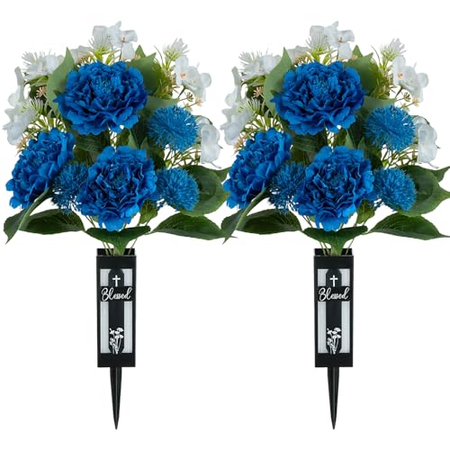 Artificial Grave Flowers for Cemetery: 2 Pcs Memorial Day Flowers for Cemetery Grave Decorations - Fathers Day Outdoor Silk Blue White Peony Flower Bouquet with Vase for Gravesites - color: Blue & White