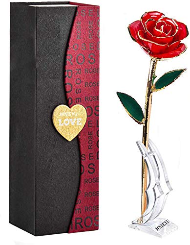Gold Rose 24K Plated Gold Dipped Rose, Forever Preserved Red Rose Flowers with Stand,Romantic Gift for Valentine's Day and Mothers Day, Anniversary, Birthday,Gifts for Her,Wife,Girlfriend - color: Red（with Stand）