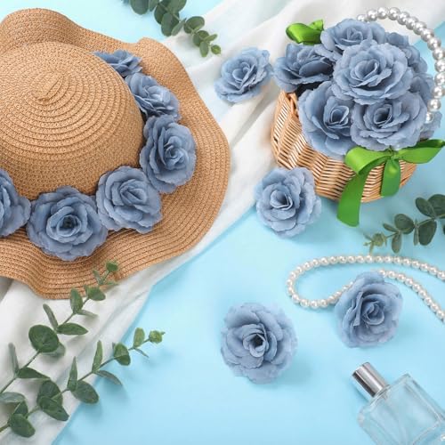 Yunlly 100 Pcs Artificial Flowers Fake Silk Roses Long Stem Rose Bouquet Wedding Party Home Decor for DIY Baby Shower Centerpieces Tables Home Decorations (Dusty Blue) - color: Dusty Blue