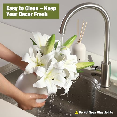 White Real Touch Artificial Tiger Lily and Easter Lily, Silk Faux Flowers Arrangement with Ceramic Vase, Fake Floral Bouquet for Easter, Office, and Home Decor - color: White, size: Lily, Silk