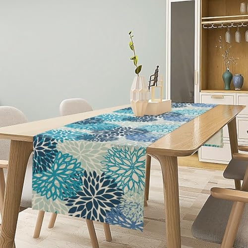 Blue Floral Table Runners Boho Dahlia Chrisanthemum Flowers for Dining Room Dinner Runner Kitchen Indoor Outdoor Patio Party Decor Fabric 1 Panel W13xL36in - color: Flower-4, size: 13"W x 36"H