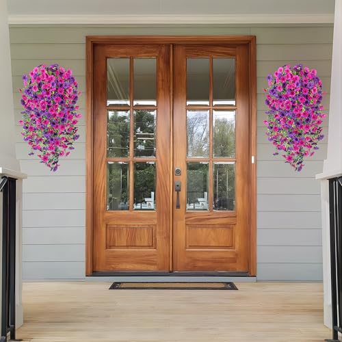 Artificial Hanging Petunias Flowers for Outdoor, 2pcs Fake Plants Long Vine Morning Glory Eucalyptus, UV Resistant Realistic Faux Greenery Indoor Outside Patio Porch Garden Spring Summer Decor, Purple - color: Dark Purple Light Purple