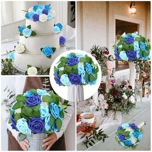 50 Pcs Artificial Foam Rose Flower Faux Bouquet Wedding Fake Rose Gift for Mother's Day Women DIY Bridal Shower Party Table Birthday Home Spring Decor (Gradient Blue) - color: Gradient Blue